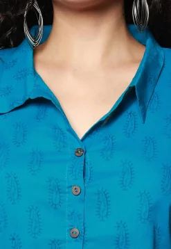 Block Printed Pure Cotton Aline Dress in Blue