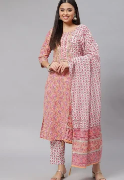 Block Printed Pure Cotton Pakistani Suit in Peach