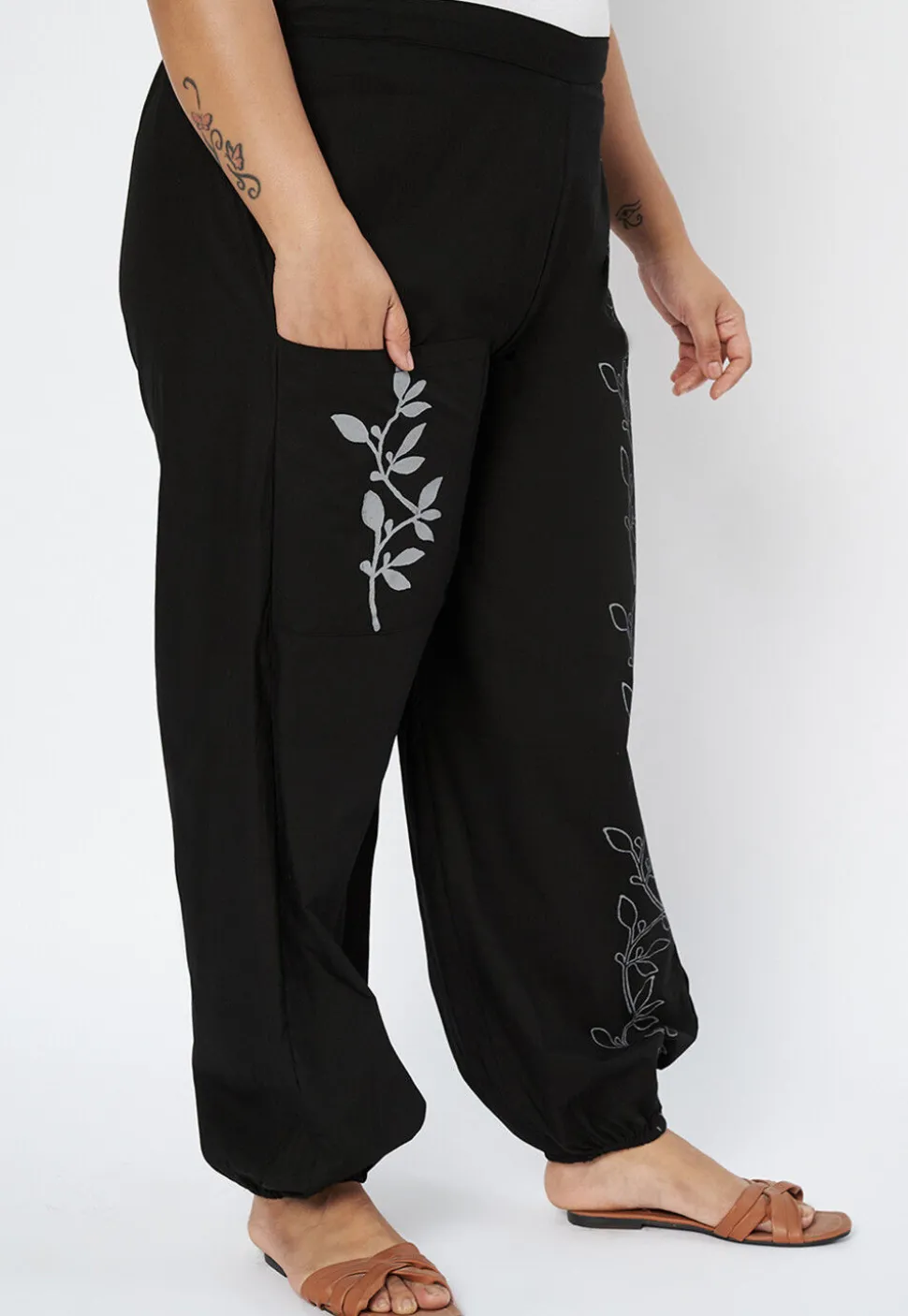 Block Printed Pure Cotton Pant in Black