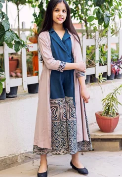 Block Printed Pure Cotton Jumpsuit in Navy Blue