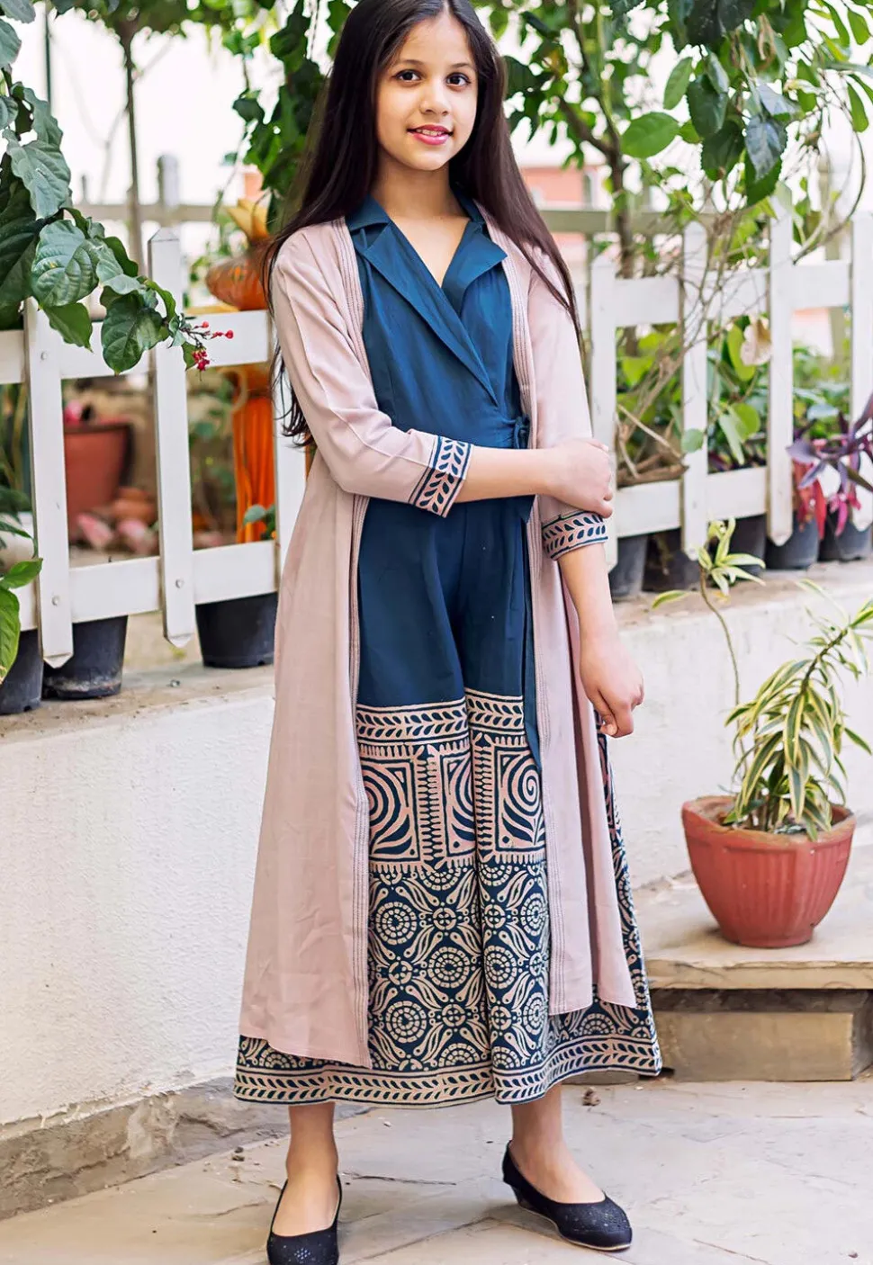 Block Printed Pure Cotton Jumpsuit in Navy Blue