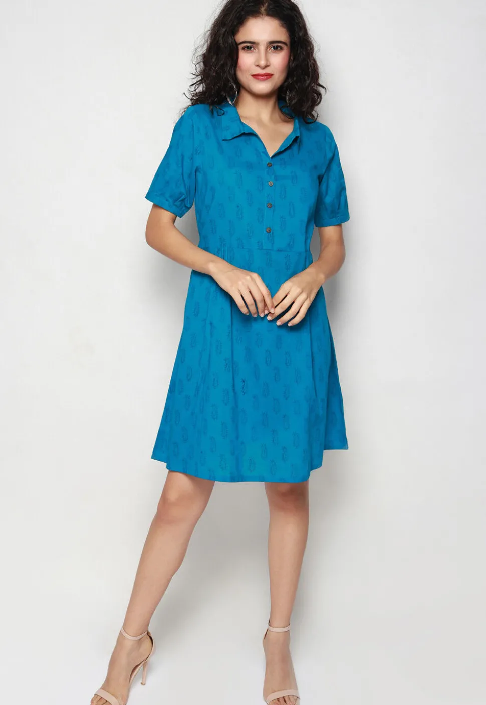Block Printed Pure Cotton Aline Dress in Blue