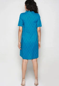 Block Printed Pure Cotton Aline Dress in Blue