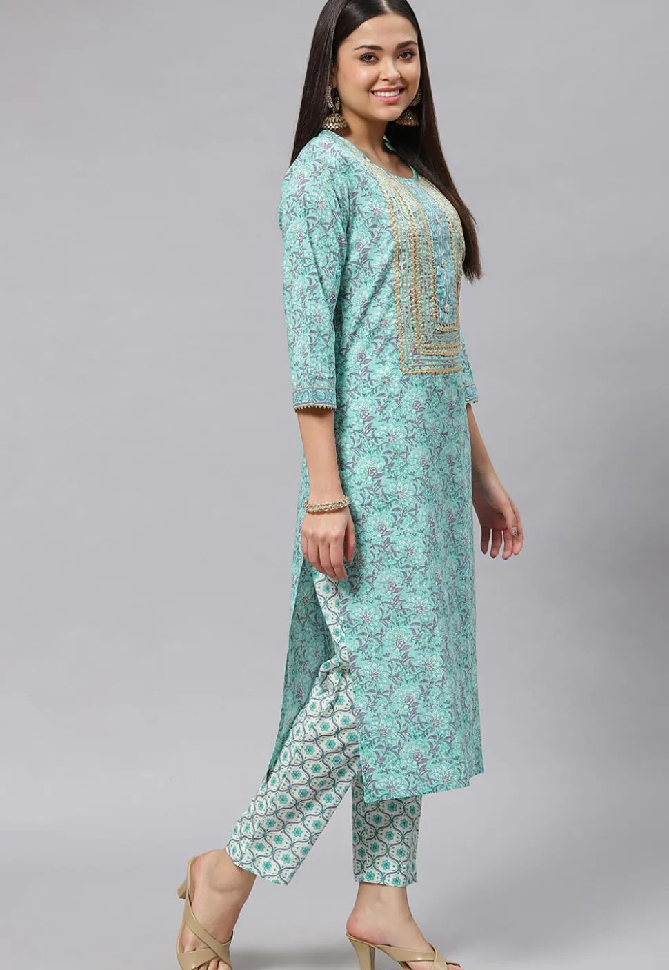 Block Printed Pure Cotton Pakistani Suit in Light Blue