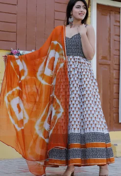 Block Printed Pure Cotton Abaya Style Suit in White and Black