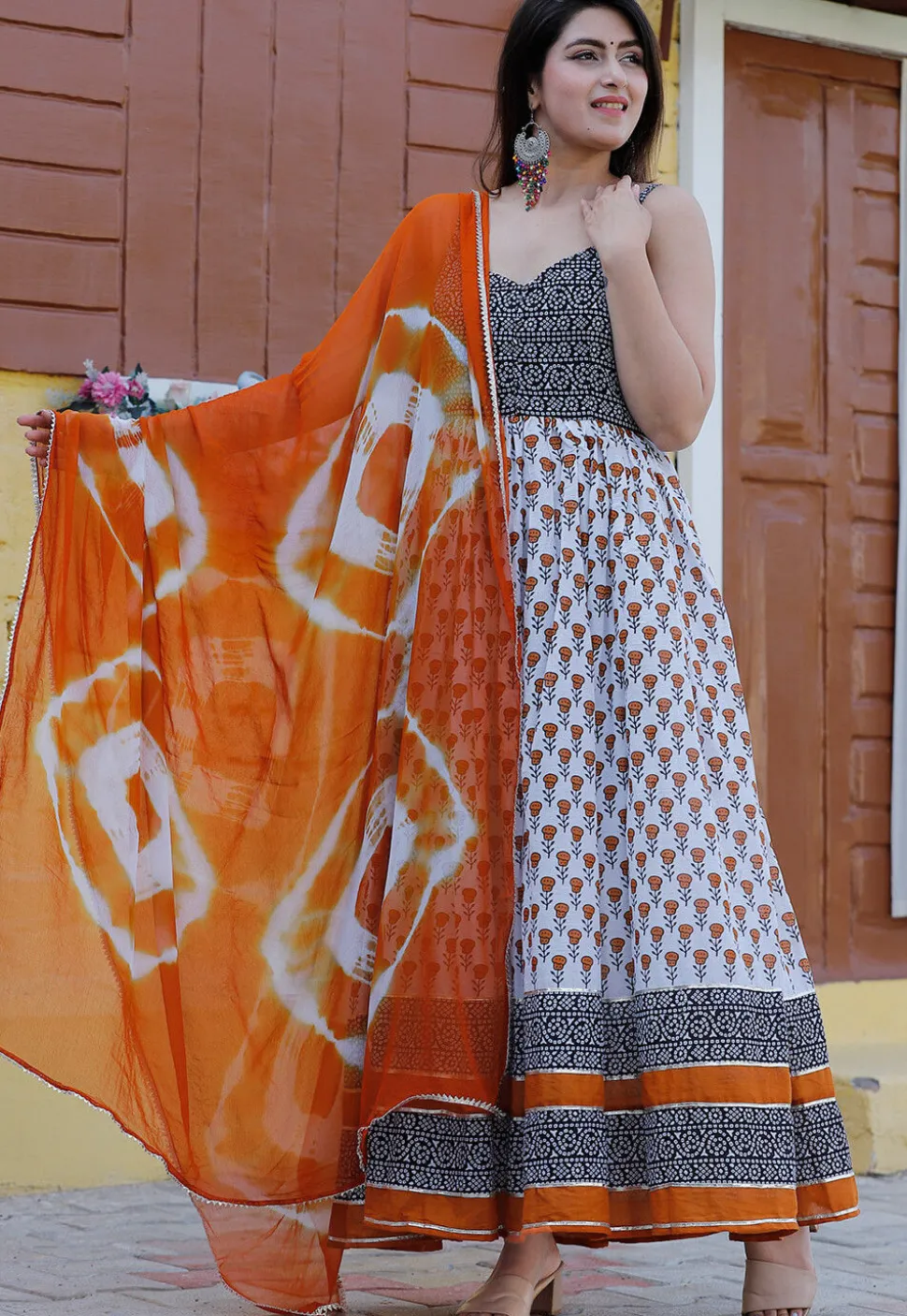 Block Printed Pure Cotton Abaya Style Suit in White and Black