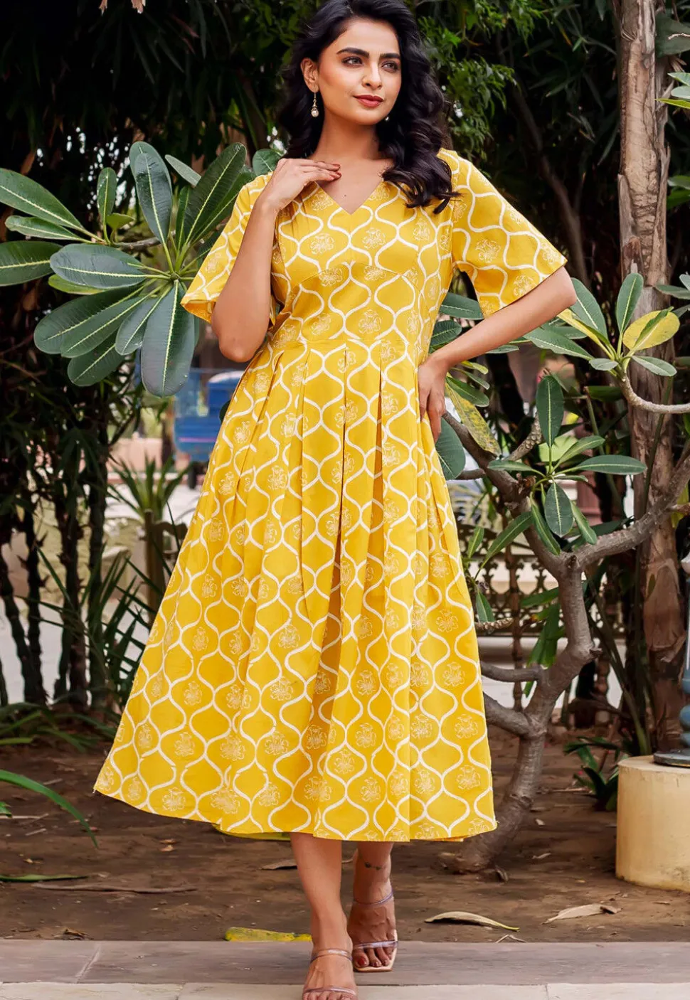Block Printed Pure Cotton A Line Dress in Yellow