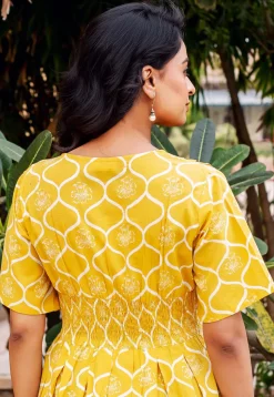 Block Printed Pure Cotton A Line Dress in Yellow