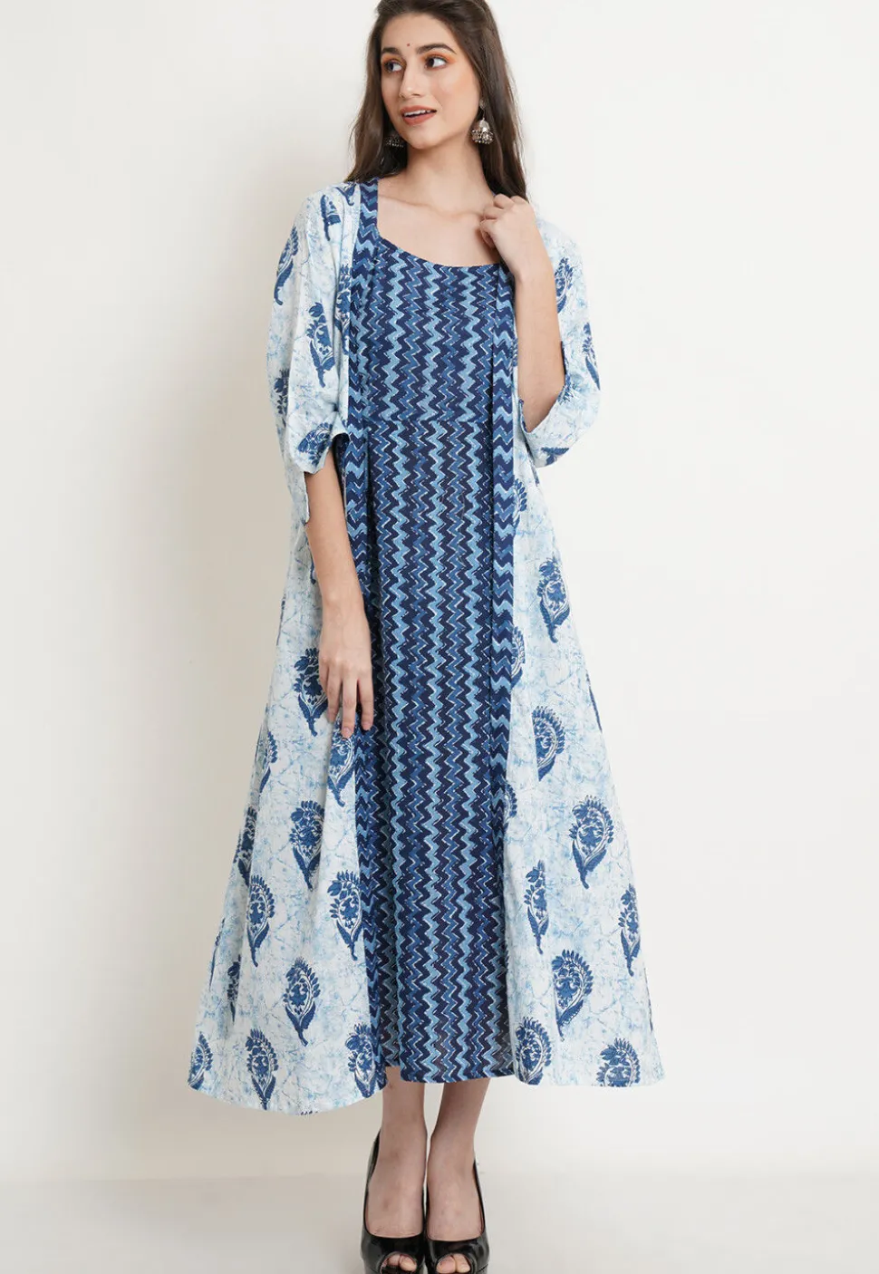 Block Printed Pure Cotton Dress Shrug Set in Blue