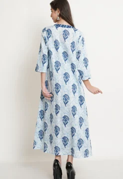 Block Printed Pure Cotton Dress Shrug Set in Blue