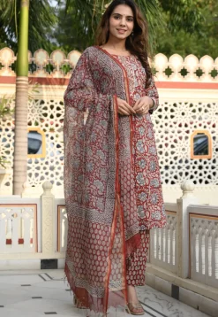 Block Printed Pure Cotton Pakistani Suit in Maroon