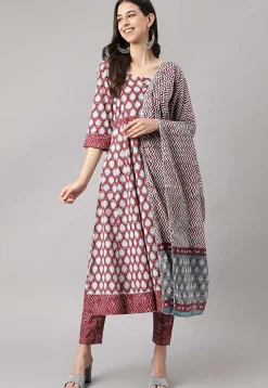 Block Printed Pure Cotton Pakistani Suit in Maroon