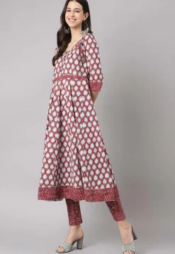 Block Printed Pure Cotton Pakistani Suit in Maroon