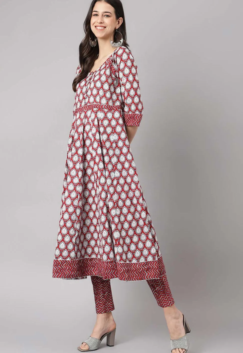 Block Printed Pure Cotton Pakistani Suit in Maroon