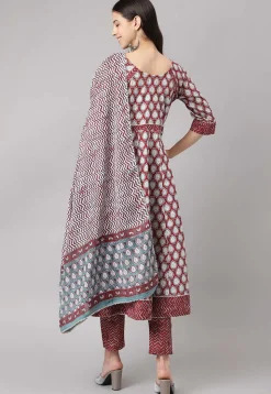Block Printed Pure Cotton Pakistani Suit in Maroon