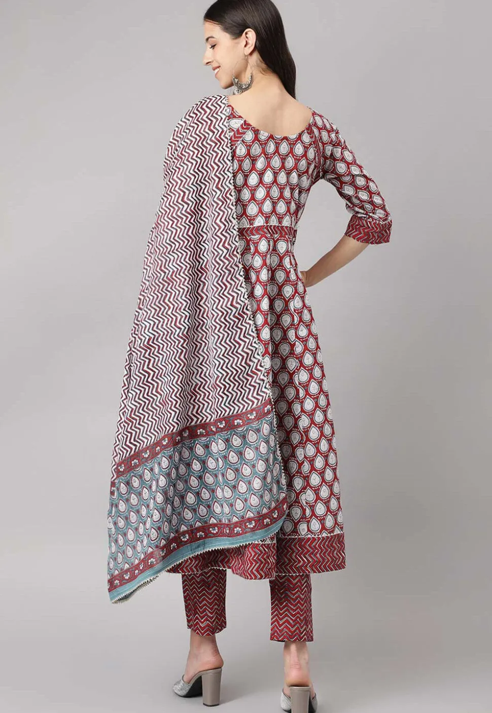 Block Printed Pure Cotton Pakistani Suit in Maroon