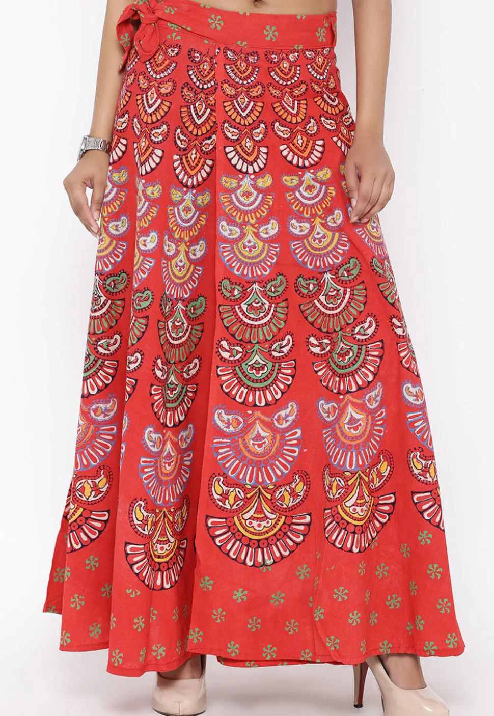 Block Printed Pure Cotton Wrap Around Skirt in Orange