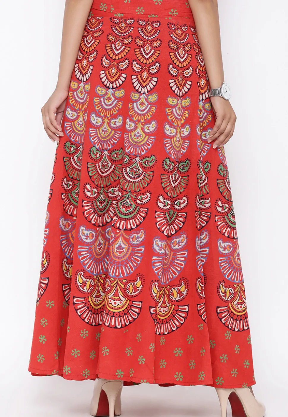 Block Printed Pure Cotton Wrap Around Skirt in Orange
