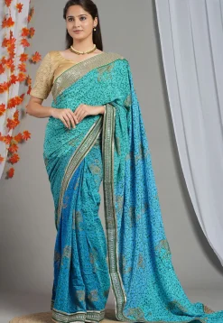 Block Printed Pure Crepe Multiple Joints Saree in Blue
