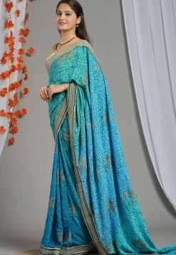 Block Printed Pure Crepe Multiple Joints Saree in Blue