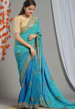 Block Printed Pure Crepe Multiple Joints Saree in Blue