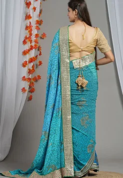 Block Printed Pure Crepe Multiple Joints Saree in Blue