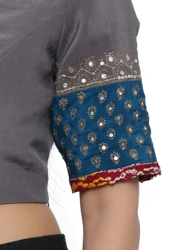 Block Printed Pure Crepe Blouse in Grey