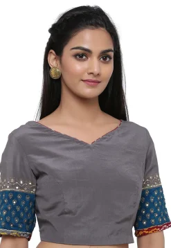 Block Printed Pure Crepe Blouse in Grey