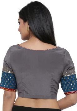 Block Printed Pure Crepe Blouse in Grey