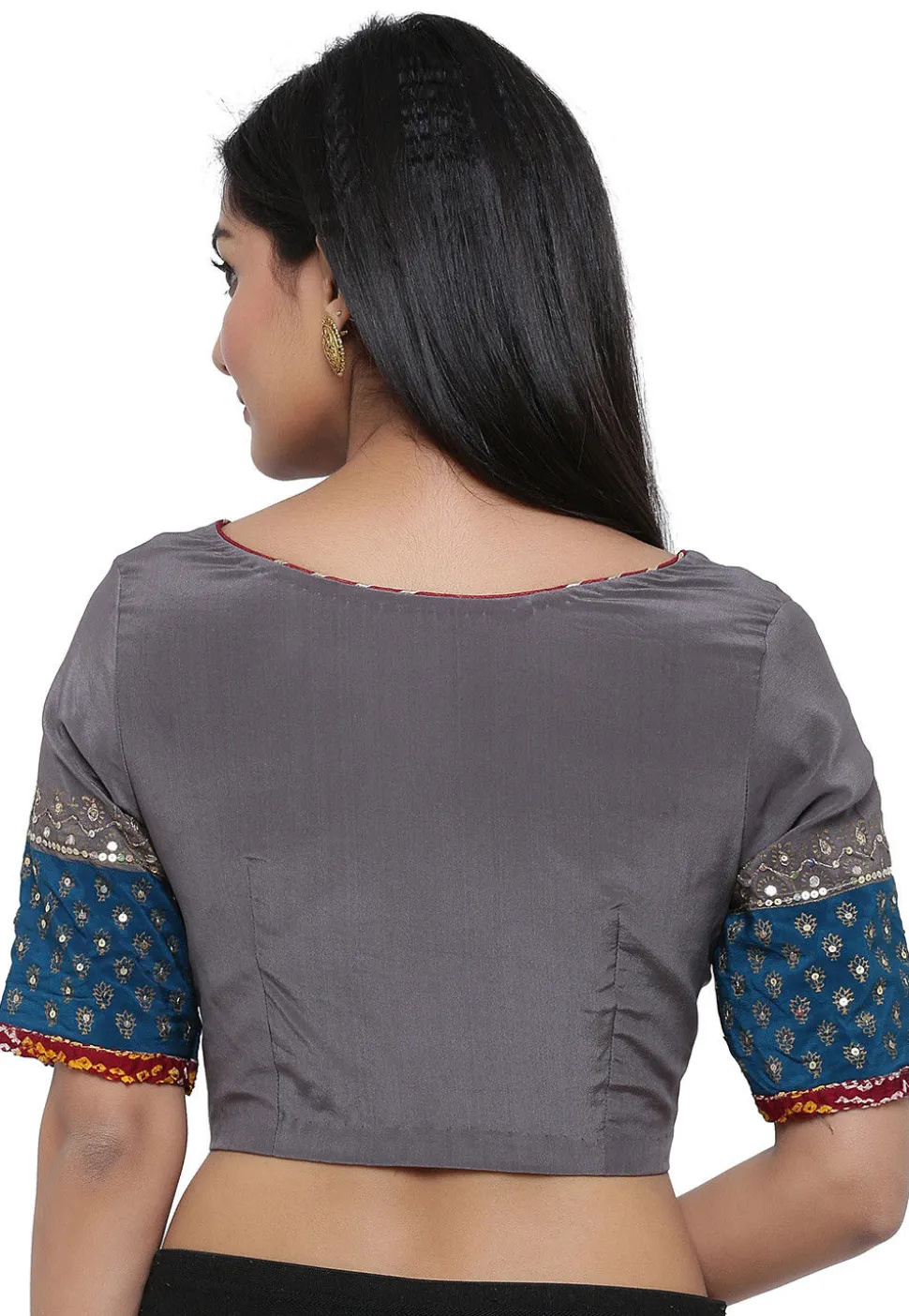 Block Printed Pure Crepe Blouse in Grey