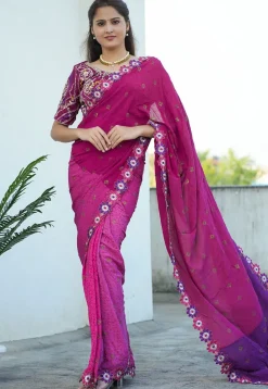 Block Printed Pure Crepe Multiple Joints Saree in Pink and Purple