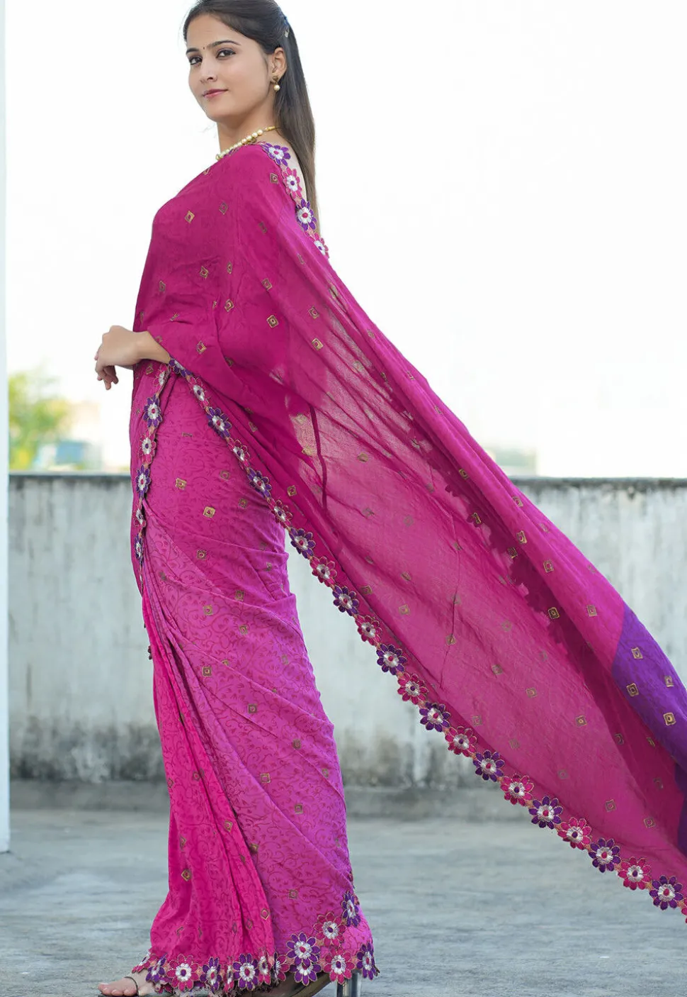 Block Printed Pure Crepe Multiple Joints Saree in Pink and Purple