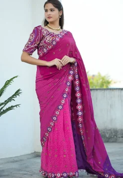Block Printed Pure Crepe Multiple Joints Saree in Pink and Purple