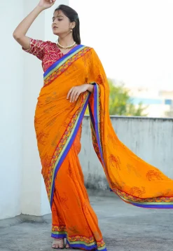 Block Printed Pure Crepe Multiple Joints Saree in Orange
