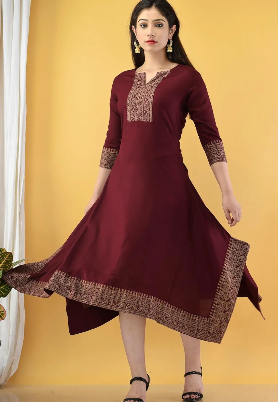 Block Printed Rayon A Line Kurta in Maroon