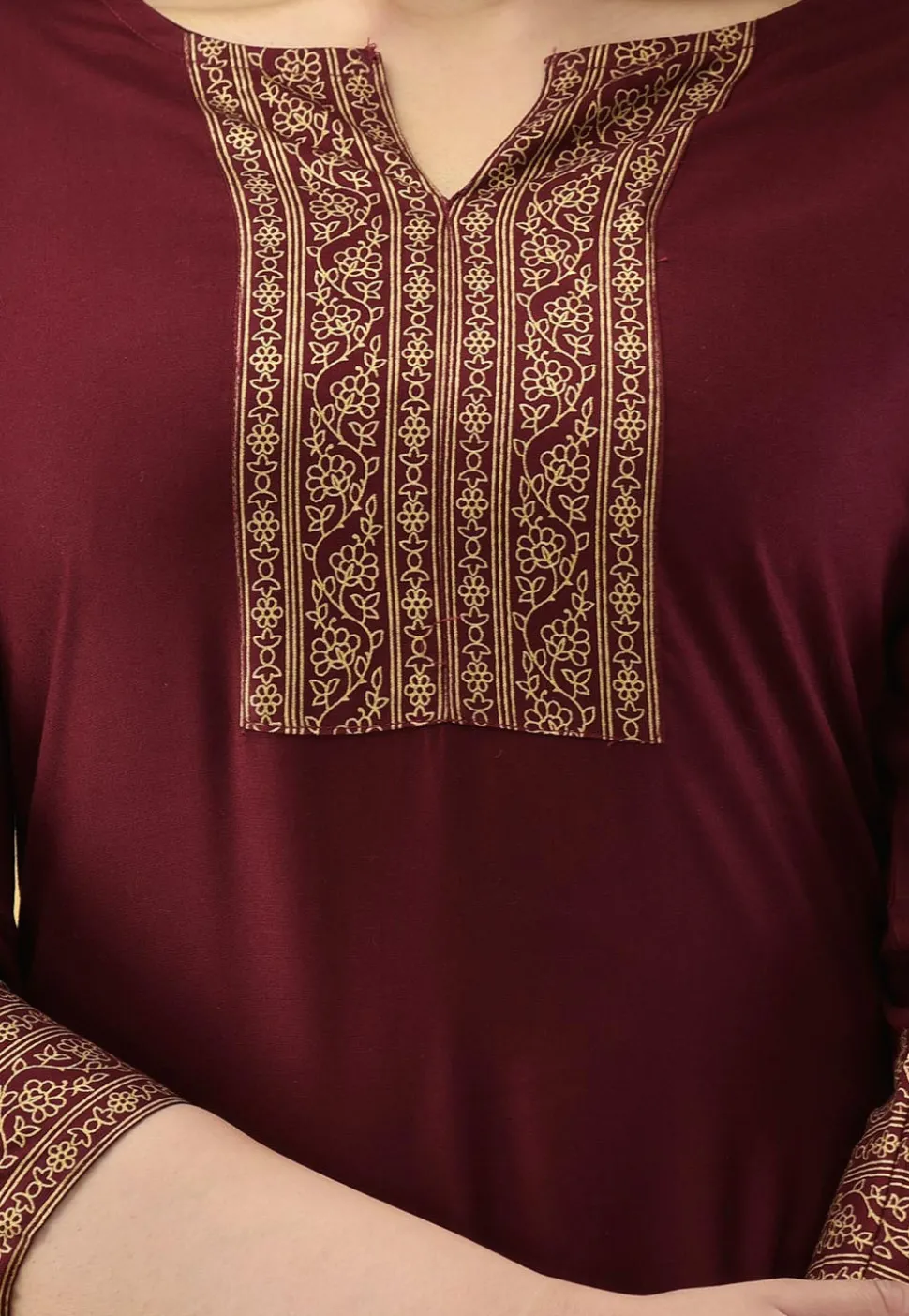 Block Printed Rayon A Line Kurta in Maroon