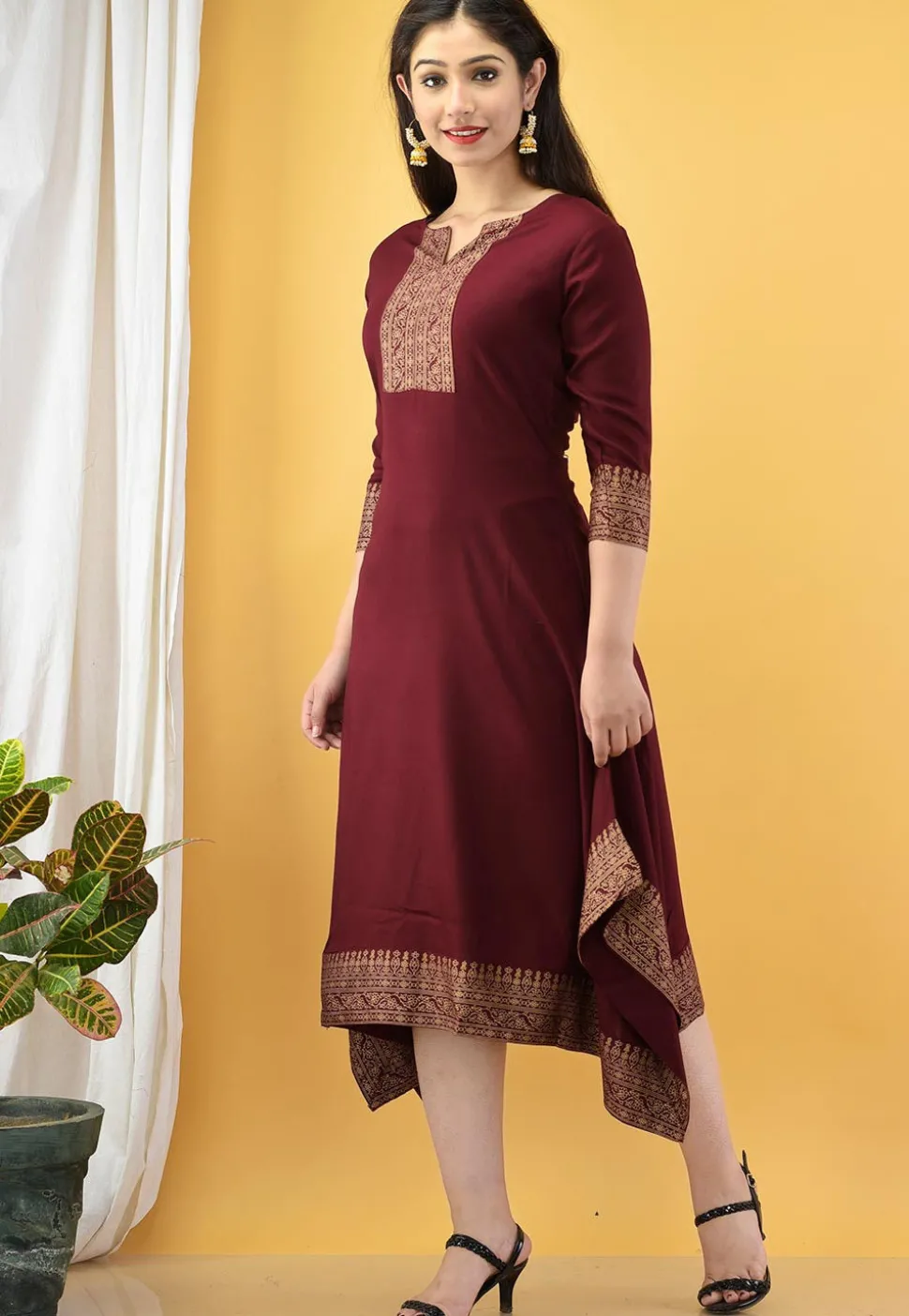 Block Printed Rayon A Line Kurta in Maroon