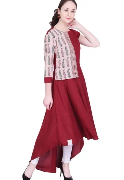 Block Printed Rayon Asymmetric A Line Kurta in Maroon