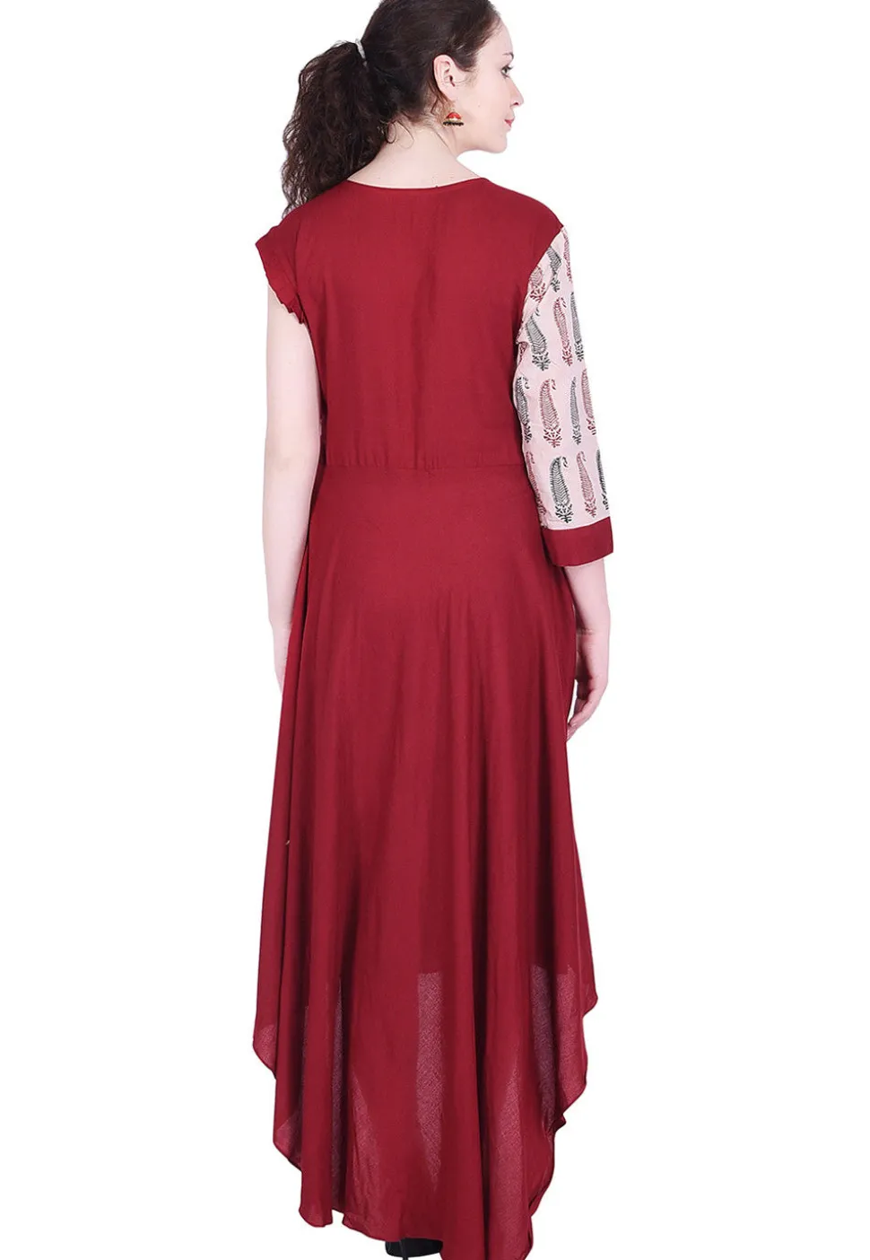 Block Printed Rayon Asymmetric A Line Kurta in Maroon