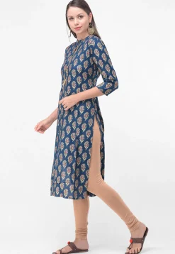 Block Printed Rayon Cotton Straight Kurta in Blue