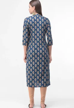 Block Printed Rayon Cotton Straight Kurta in Blue