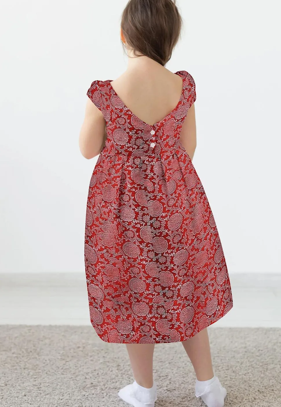 Block Printed Rayon Dress in Maroon