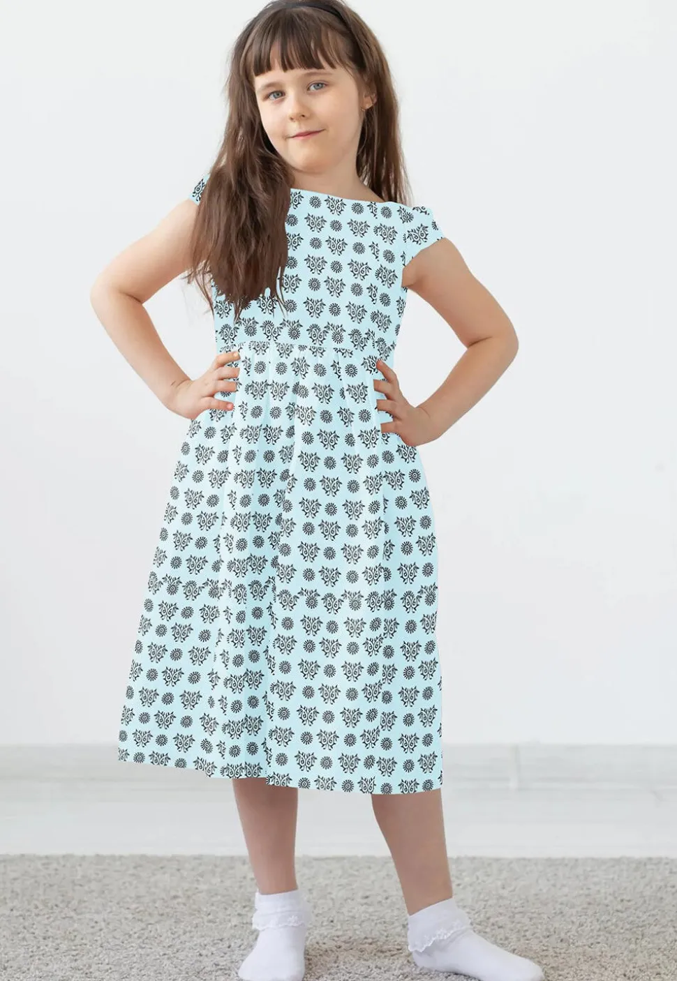 Block Printed Rayon Dress in Sky Blue