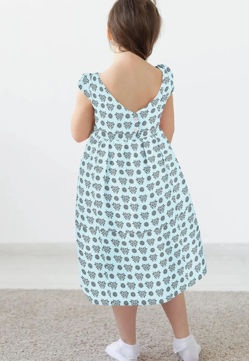 Block Printed Rayon Dress in Sky Blue