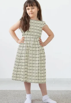 Block Printed Rayon Dress in Cream