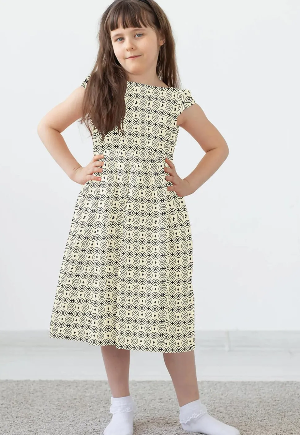 Block Printed Rayon Dress in Cream