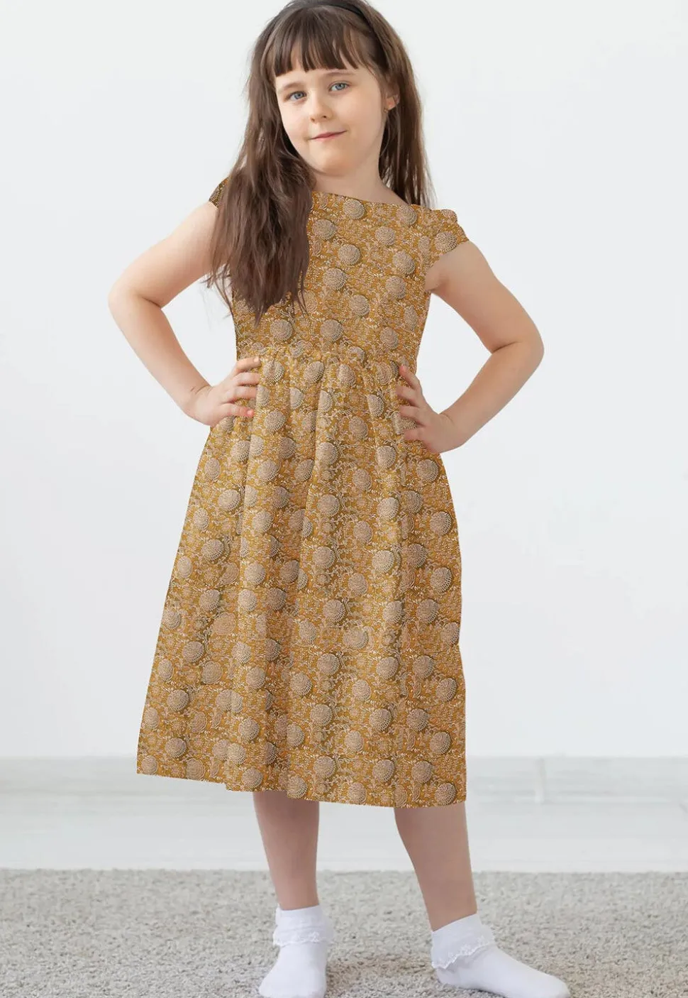 Block Printed Rayon Dress in Olive Green