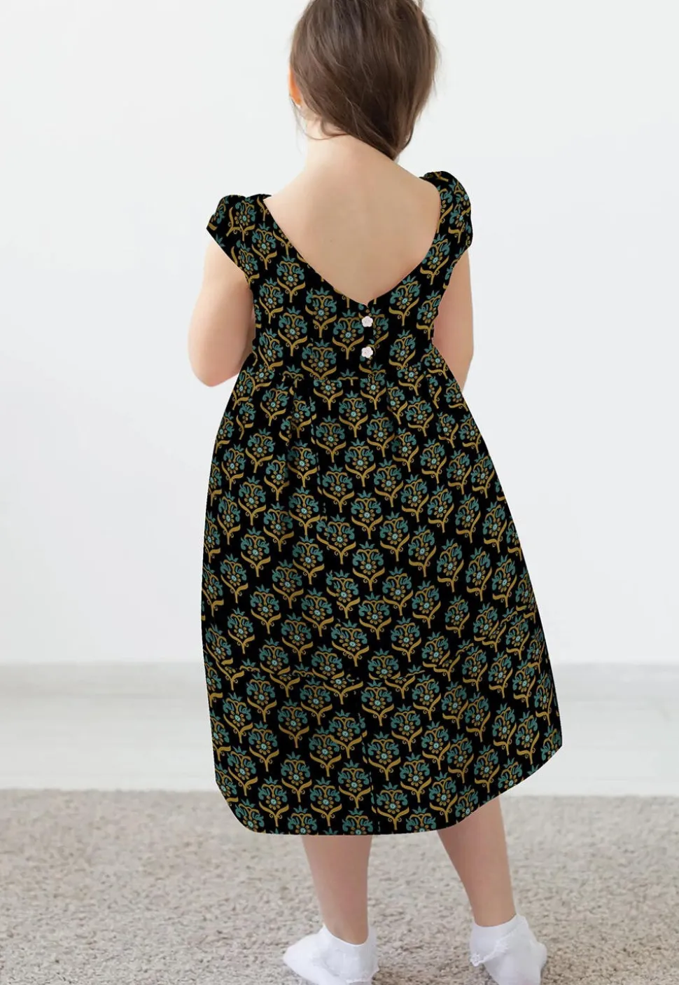 Block Printed Rayon Dress in Black