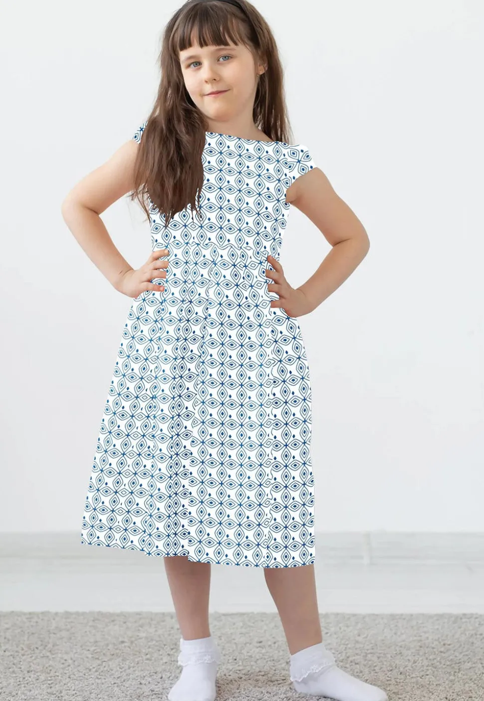 Block Printed Rayon Dress in White