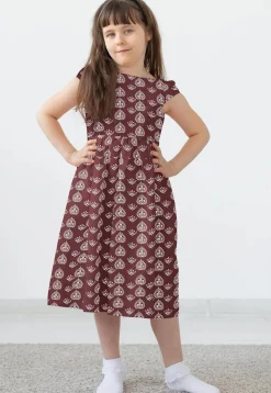 Block Printed Rayon Dress in Brown